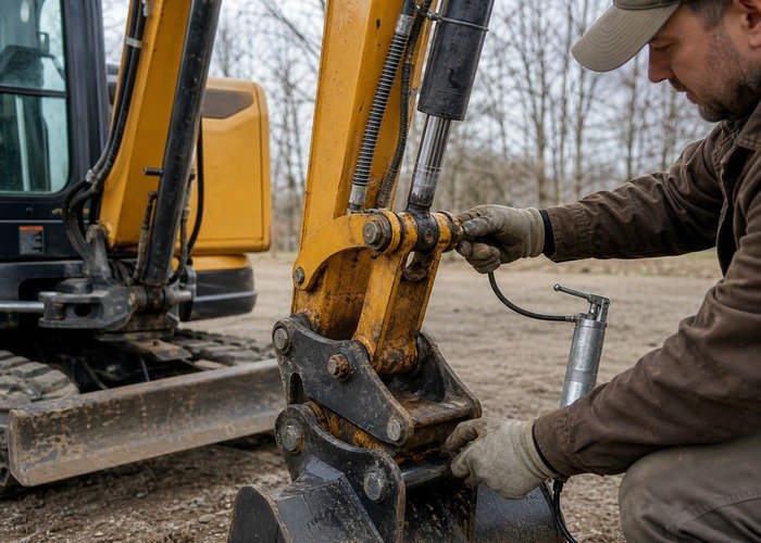 Technician greasing mini excavator boom pivot points