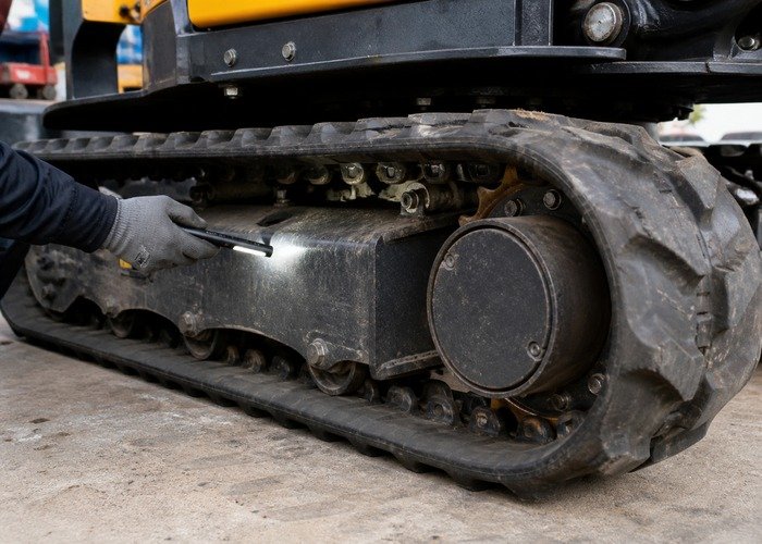Technician inspecting a mini excavator rubber track and rollers