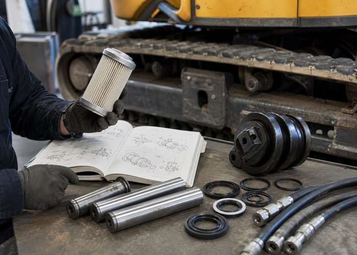 Mini excavator filters pins seals rollers and hoses on a parts bench