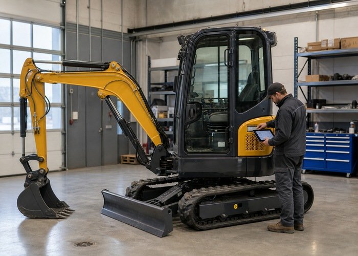 Technician identifying a mini excavator by serial record