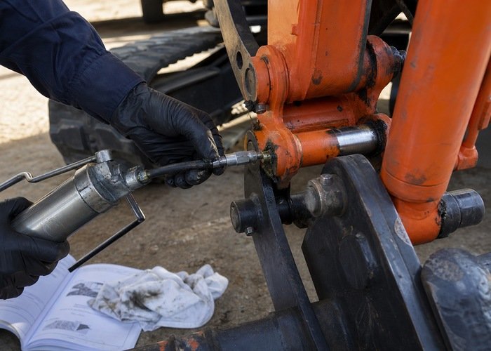 Close-up grease application at excavator pins and bushings Close-up grease application at excavator pins and bushings