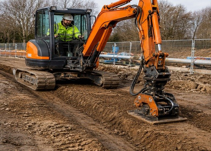 Mini excavator compacting trench backfill with a hydraulic plate attachment