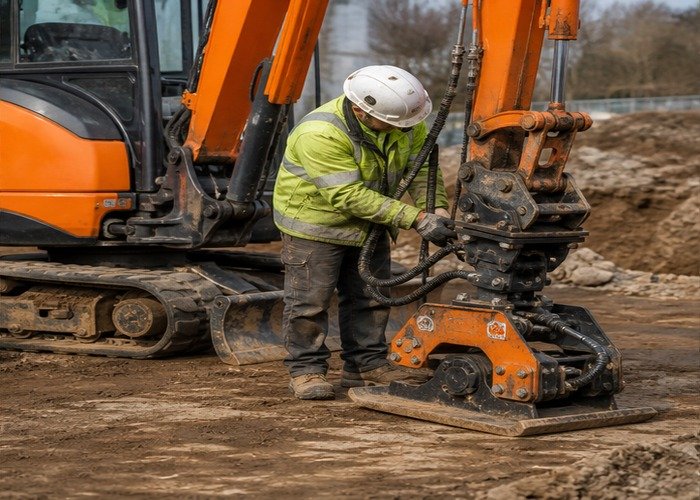 Operator inspecting grounded plate compactor coupler and hydraulic hoses Operator inspecting grounded plate compactor coupler and hydraulic hoses