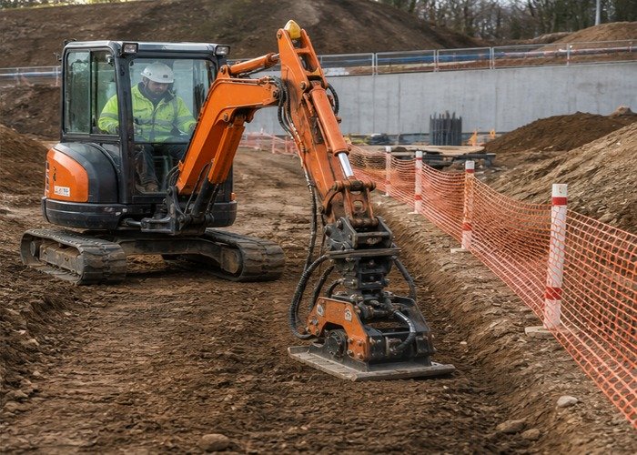 Mini excavator compacting a shallow soil lift beside a marked trench zone Mini excavator compacting a shallow soil lift beside a marked trench zone