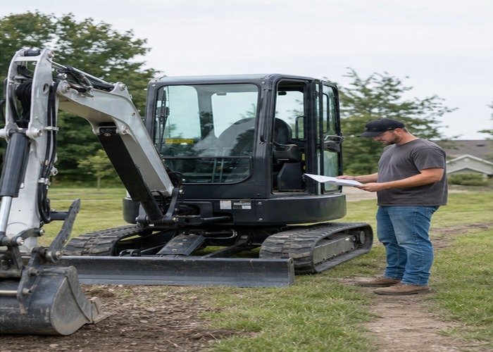 Owner reviewing a utilization and maintenance checklist beside a stopped mini excavator