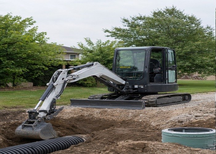 Mini excavator working on a small contractor drainage project