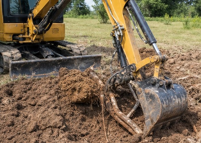 Mini excavator bucket clearing soil loosened by a ripper tooth Mini excavator bucket clearing soil loosened by a ripper tooth