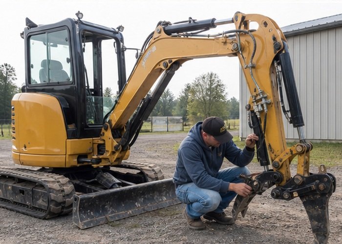 Grounded mini excavator ripper tooth and coupler inspection Grounded mini excavator ripper tooth and coupler inspection