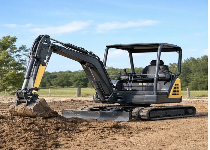 Mini excavator working on firm soil with intact rubber tracks