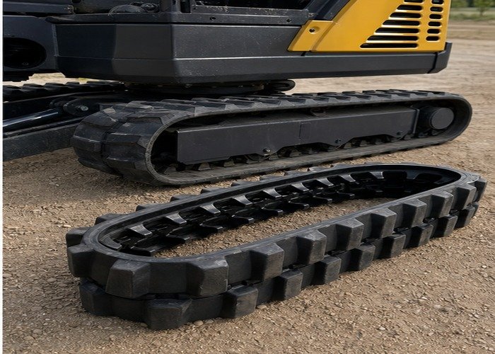 Replacement rubber track beside a stopped mini excavator Replacement rubber track beside a stopped mini excavator