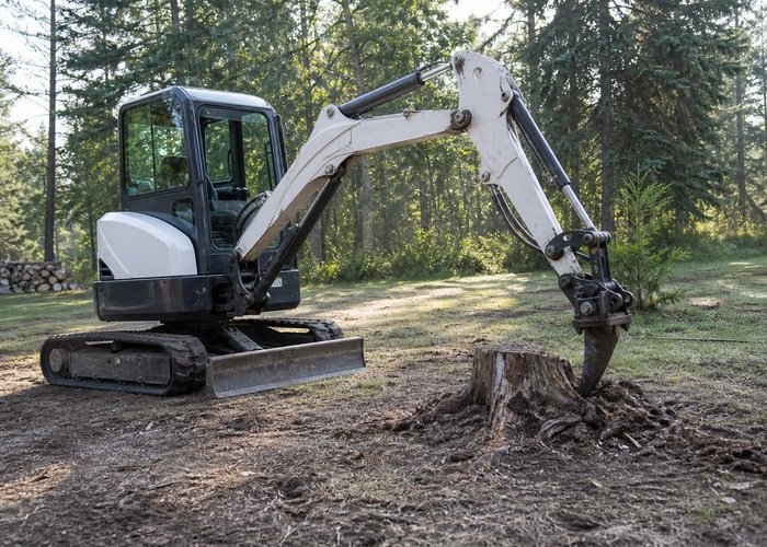 Mini excavator using a ripper beside a tree stump