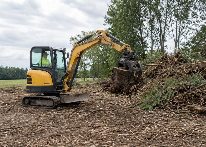 Mini excavator carrying a removed stump with a root grapple Mini excavator carrying a removed stump with a root grapple