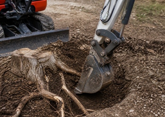 Hydraulic thumb and bucket gripping loosened stump roots Hydraulic thumb and bucket gripping loosened stump roots