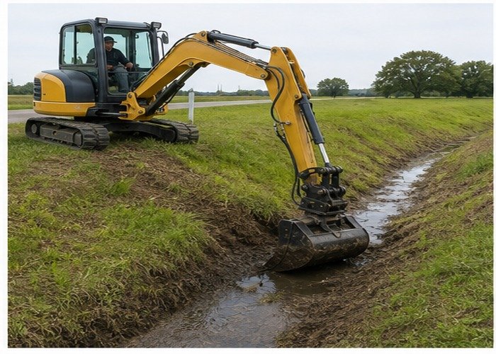 Mini excavator cleaning a drainage ditch with a hydraulic tilt bucket