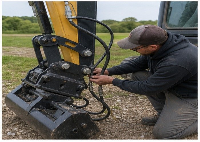 Operator inspecting tilt bucket coupler locks and auxiliary hoses Operator inspecting tilt bucket coupler locks and auxiliary hoses