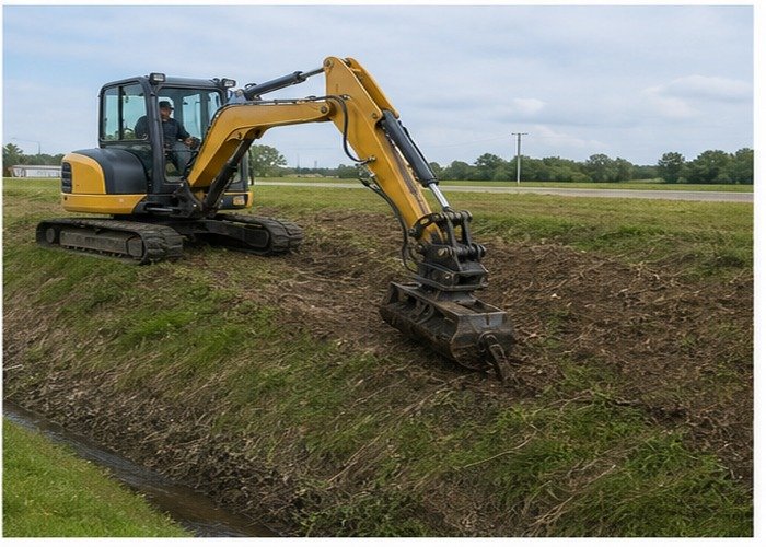 Mini excavator trimming a gentle drainage slope with a wide tilted bucket Mini excavator trimming a gentle drainage slope with a wide tilted bucket