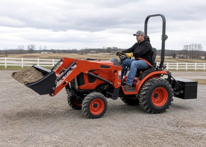 Compact tractor carrying a modest loader load with rear ballast