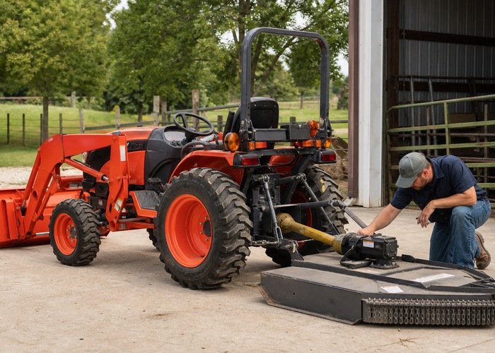 Operator checking a grounded rotary cutter PTO driveline