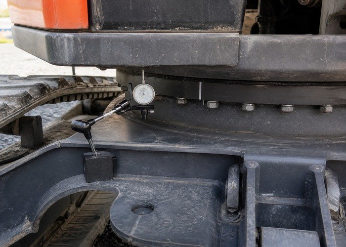 Dial indicator positioned to measure mini excavator slew bearing movement