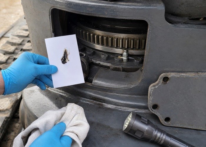 Inspecting grease condition and ring gear teeth through a mini excavator access opening