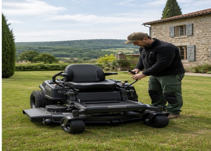 Operator completing a delivery setup check on a zero-turn mower Operator completing a delivery setup check on a zero-turn mower