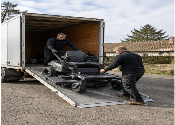 Commercial mower being unloaded safely on a full-width ramp Commercial mower being unloaded safely on a full-width ramp