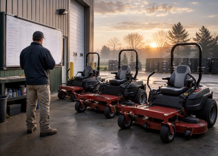 Commercial zero-turn mower fleet and maintenance board