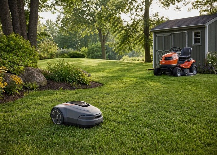 Robotic mower and riding lawn tractor on one large residential lawn