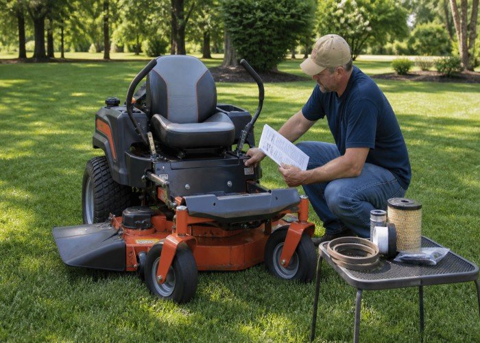 Owner reviewing mower service records and replacement parts Owner reviewing mower service records and replacement parts