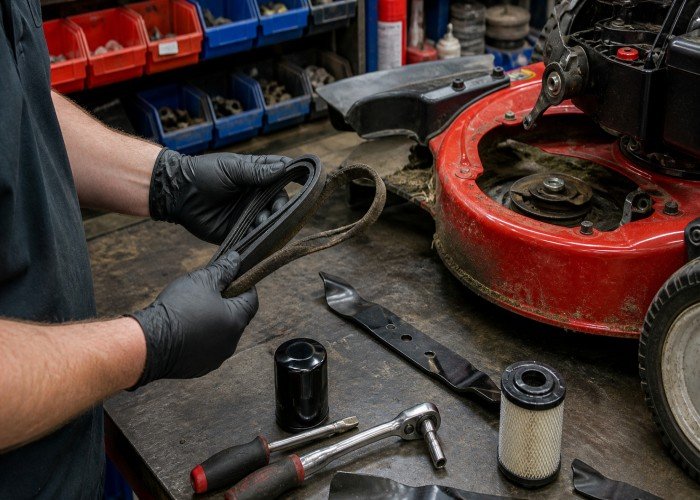Technician comparing lawn mower belts blades and filters Technician comparing lawn mower belts blades and filters