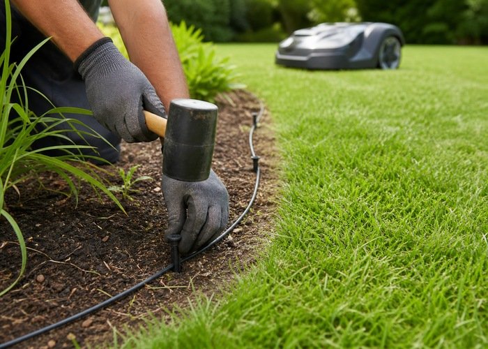 Installer placing a robot mower boundary wire along a lawn edge Installer placing a robot mower boundary wire along a lawn edge