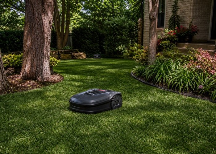 Robot mower working beneath mature trees in a complex yard