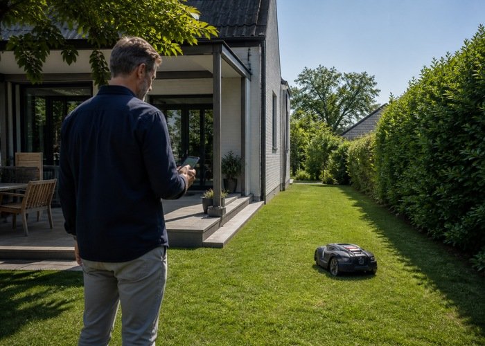 Homeowner mapping a narrow lawn zone with a wire-free robot mower Homeowner mapping a narrow lawn zone with a wire-free robot mower