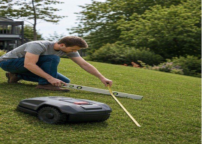 Homeowner measuring lawn grade beside a stopped robotic mower Homeowner measuring lawn grade beside a stopped robotic mower