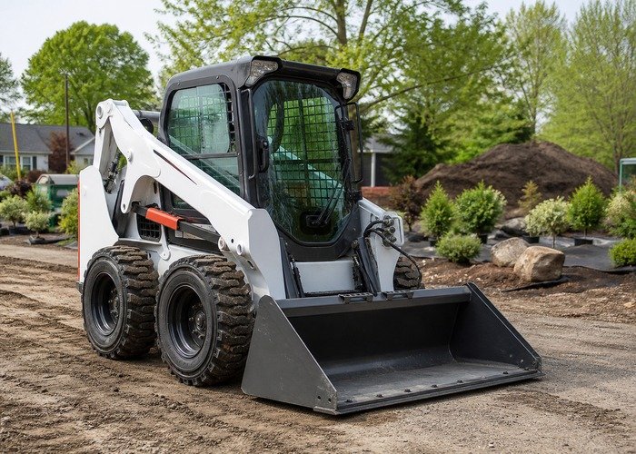 Compact skid steer at a landscaping worksite