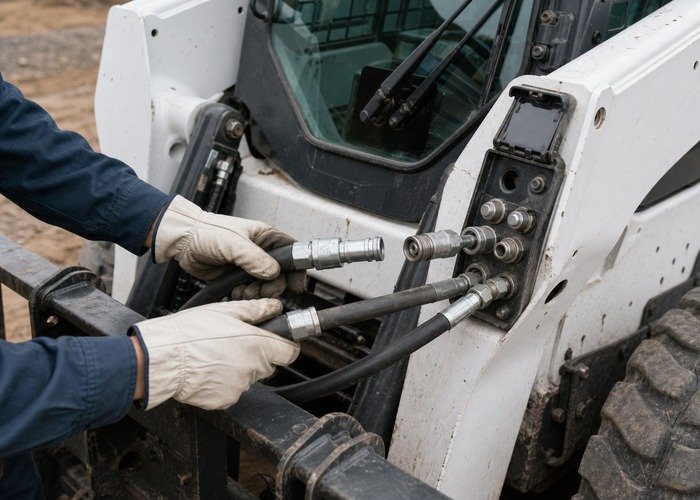 Technician inspecting skid steer auxiliary hydraulic couplers
