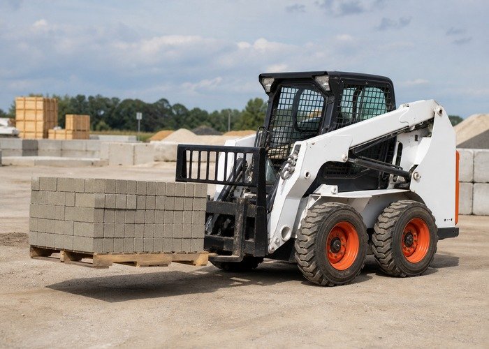 Skid steer carrying a centered pallet low over level ground