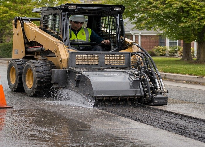 Skid steer cold planer milling a narrow asphalt repair strip with dust control