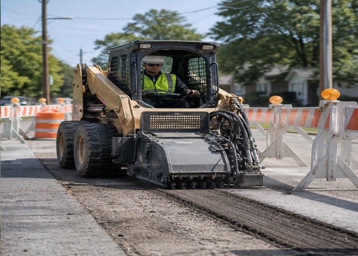Skid steer completing a shallow controlled asphalt milling pass inside barriers Skid steer completing a shallow controlled asphalt milling pass inside barriers