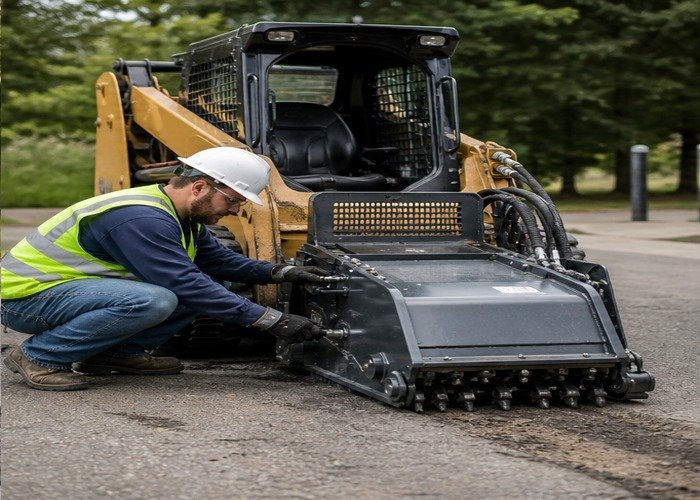 Operator inspecting a grounded cold planer drum teeth and hydraulic hoses Operator inspecting a grounded cold planer drum teeth and hydraulic hoses