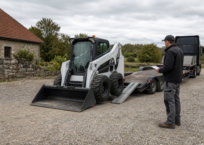 Buyer inspecting a skid steer after trailer delivery