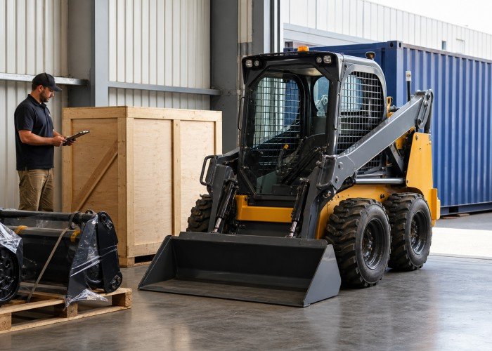 Skid steer prepared for export packing and delivery