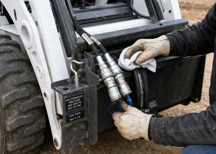 Technician cleaning skid steer flat-face hydraulic couplers Technician cleaning skid steer flat-face hydraulic couplers