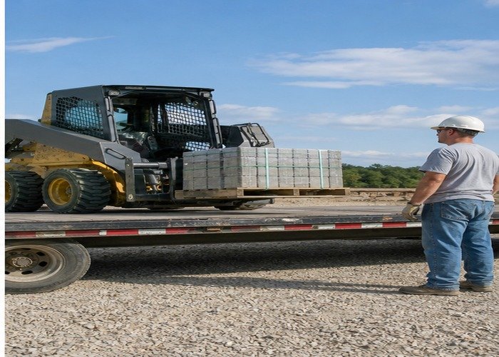 Skid steer placing a moderate pallet onto a low flatbed Skid steer placing a moderate pallet onto a low flatbed