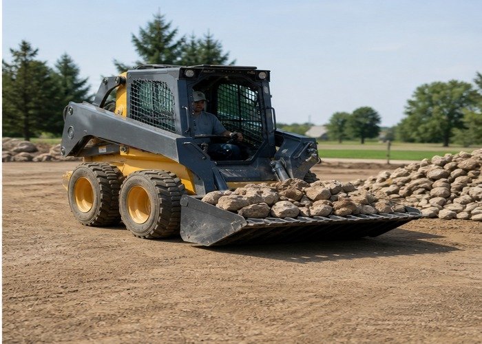 Skid steer carrying a low balanced load of separated rocks Skid steer carrying a low balanced load of separated rocks