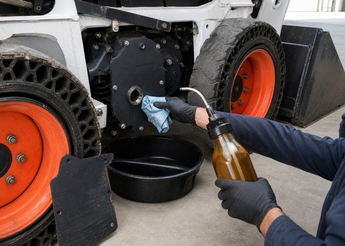 Checking skid steer chaincase oil level with a drain pan and clean tools