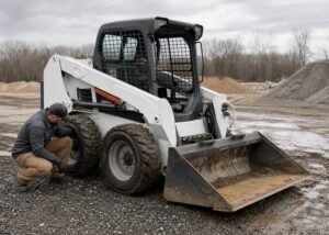 Technician inspecting skid steer tires on mixed terrain