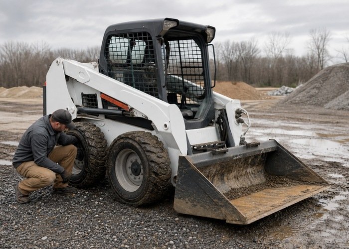 Technician inspecting skid steer tires on mixed terrain