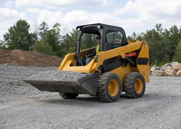 Skid steer moving gravel on suitable industrial tires Skid steer moving gravel on suitable industrial tires