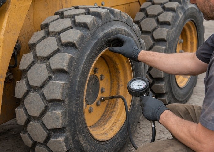 Close-up skid steer tire pressure and tread inspection Close-up skid steer tire pressure and tread inspection